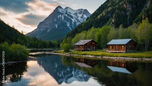 the beautiful mountain, river, and cabin in the forest, beautiful landscape images, hd wallpaper