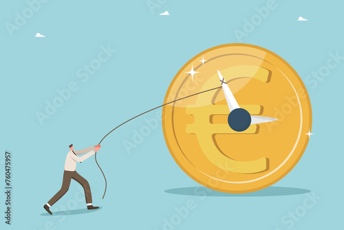 Time is money, long-term return on investment, pension fund concept, interest income from investments or deposits, time to receive money, hourly wages, man pulling clock hands on a euro coin.