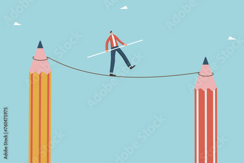 Rapid climbing career ladder through creativity or brainstorming, innovation to achieve success, logic or intelligence in business development decision making, man walks on tightrope between pencils.