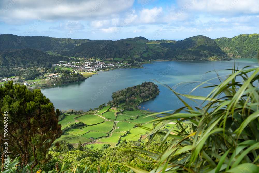 Landscape of the volcanic crater lake Sete Cidades on Sao Miguel Island in Portugal.