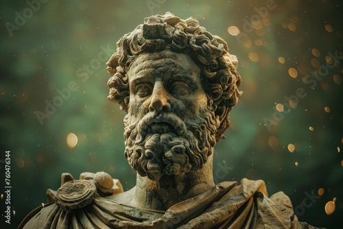 Classical stoic greek, roman statue with a colorful spark background. A classical sculpture with intricate details, focusing on historical art, with the face area blurred for anonymity © Merilno