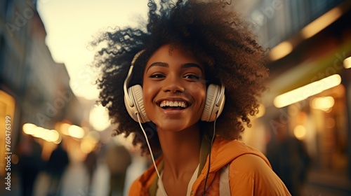 Closeup shot a african american teenage girl walking and listening music with headphones. blurry city street in the background. photo