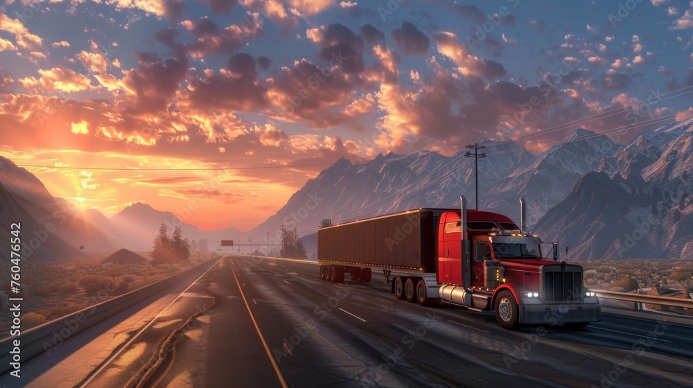 Truck on the road. bright colors in the sunset. 