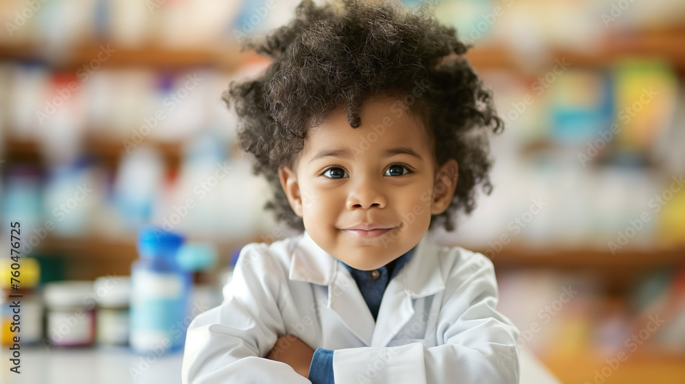 Young child in a doctor's coat as a Pharmacist smiling