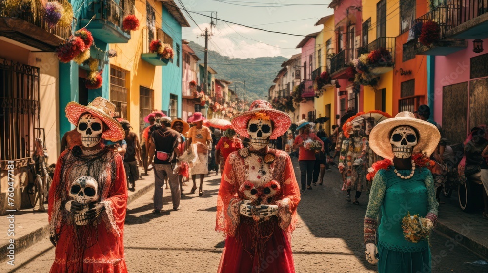 Joyous Procession: Calacas and Catrinas Spread Cheer in Colorful Display