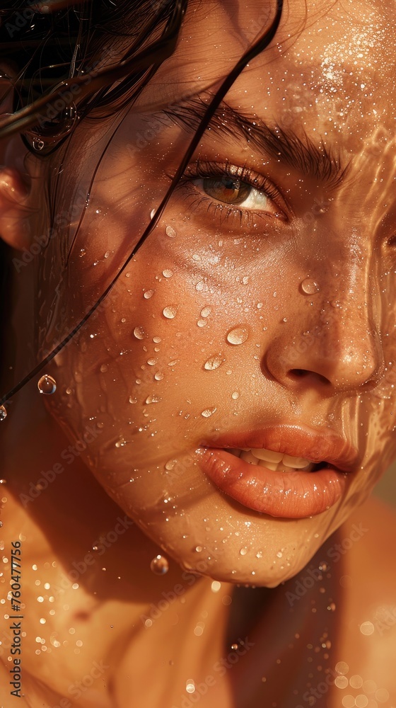 A close-up shot of a model with water droplets on their skin emphasizing texture and freshness