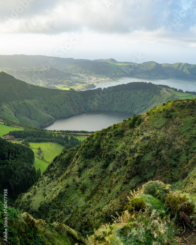 View of Sete Cidades near Miradouro da Grota do Inferno viewpoint, Sao Miguel Island, Azores, Portugal. Grota do Inferno viewpoint at Sete Cidades on Sao Miguel Island, Azores, Portugal.