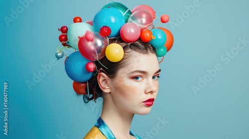 A playful studio portrait of a model with colorful balloon-like hair accessories