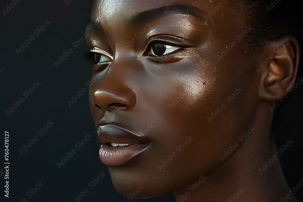 A studio portrait of a model with glossy illuminated skin