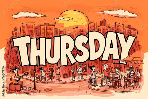 The word Thursday in a lively street theme, depicts people engaging in various activities. Illustration. photo
