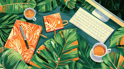 A cozy workspace set in a tropical theme with lush green foliage, a modern keyboard, a stylish notebook, and two cups of coffee photo