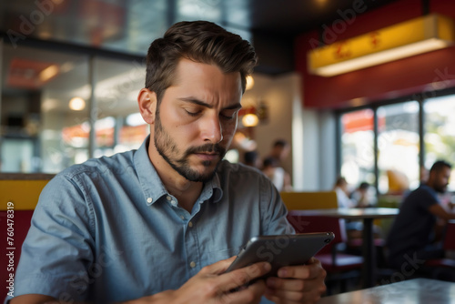 Konzentrierter Mann nutzt Tablet in einem belebten Restaurant