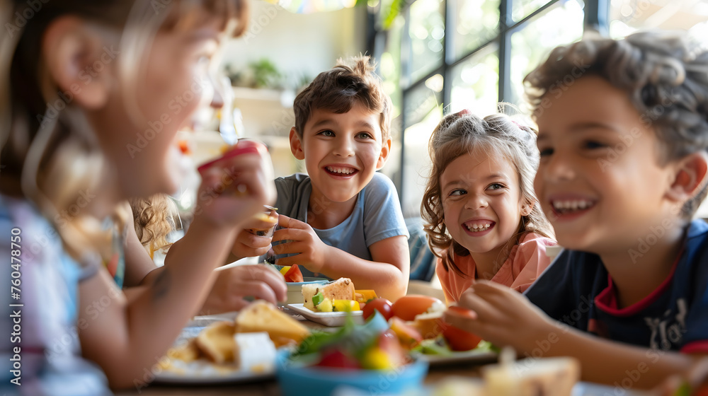 A group of children eating healthy back-to-school lunches together, with details of the children's happy faces, the healthy food, and the social interaction. A group of children eating healthy back-to-school lunches together, with details of the children's happy faces, the healthy food, and the social interaction.