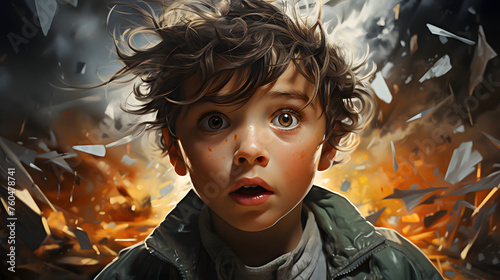 In the heart of an explosion stands a young boy, his hair tousled and his eyes wide with fear, anxiety, or confusion, reflecting the chaos around him photo