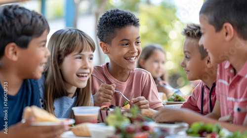 A group of children eating healthy back-to-school lunches together  with details of the children s happy faces  the healthy food  and the social interaction.