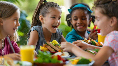 A group of children eating healthy back-to-school lunches together  with details of the children s happy faces  the healthy food  and the social interaction.