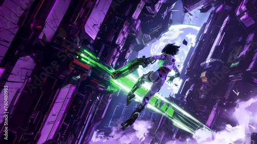 cyberpunk warrior girl with a laser gun