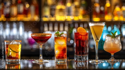 Assortment of alcoholic drinks and cocktails located on a reflective bar counter, with a blurred background of the shelves