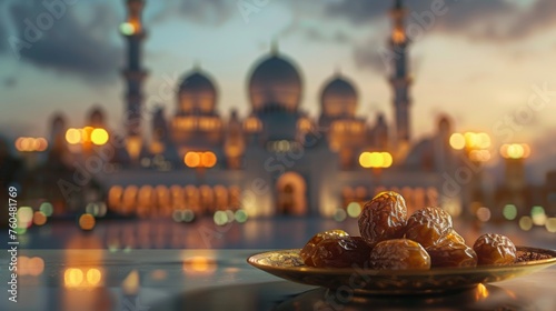 Dates on a plate, set against the backdrop of an evening mosque, captures the essence of Ramadan iftar and the spirit of community