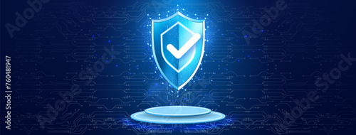 Futuristic Digital Security Shield: Ensuring Data Integrity and Confidentiality with Advanced Cyber Protection on a Dynamic Circuitry Background