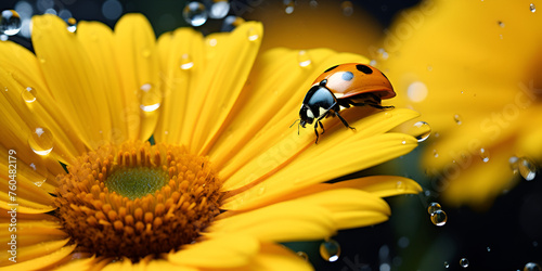 ladybird on flower, A lady bug is sitting on top of a sunflower in the style, Generative AI