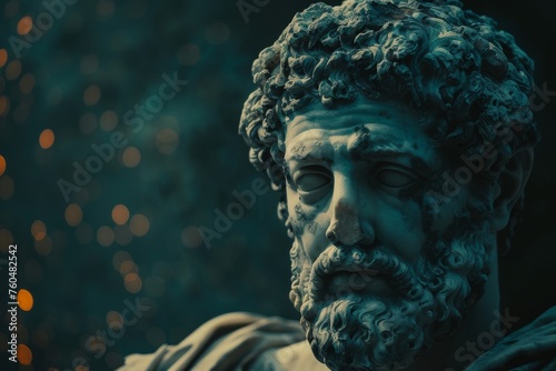 Classical stoic greek, roman statue with a colorful spark background. A classical sculpture with intricate details, focusing on historical art, with the face area blurred for anonymity © Merilno