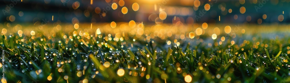 Morning dew on soccer stadium grass visualized through documentary - obrazy, fototapety, plakaty 