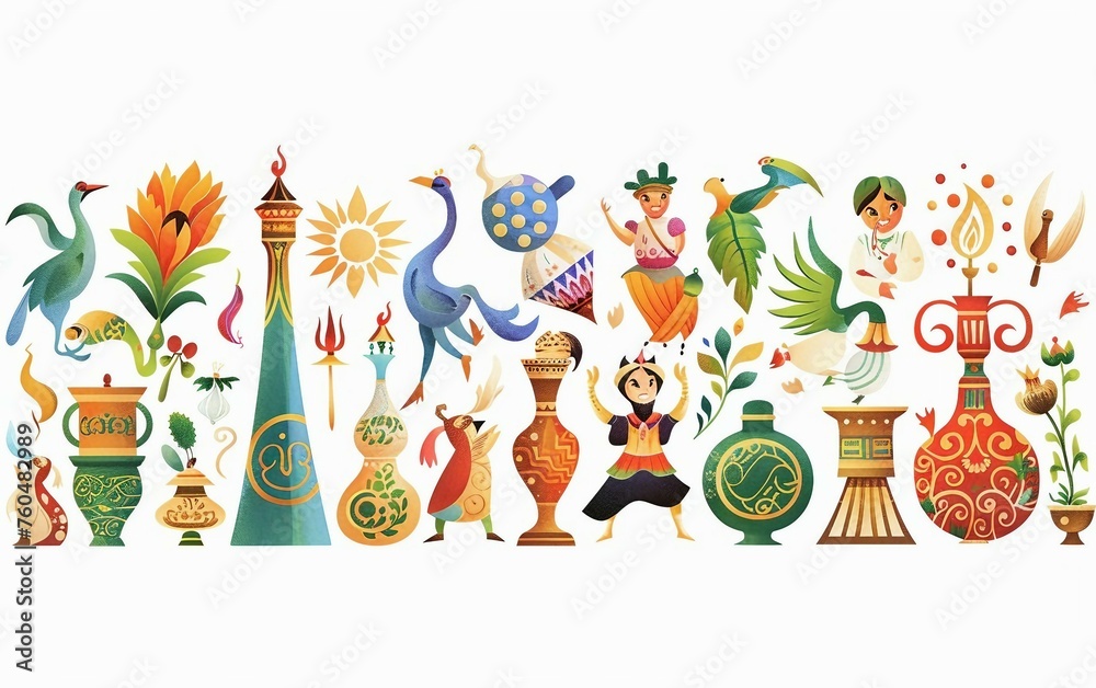 Naklejka premium Diverse Cultural Symbols in Happy Nowruz Banner Isolated on White Background.