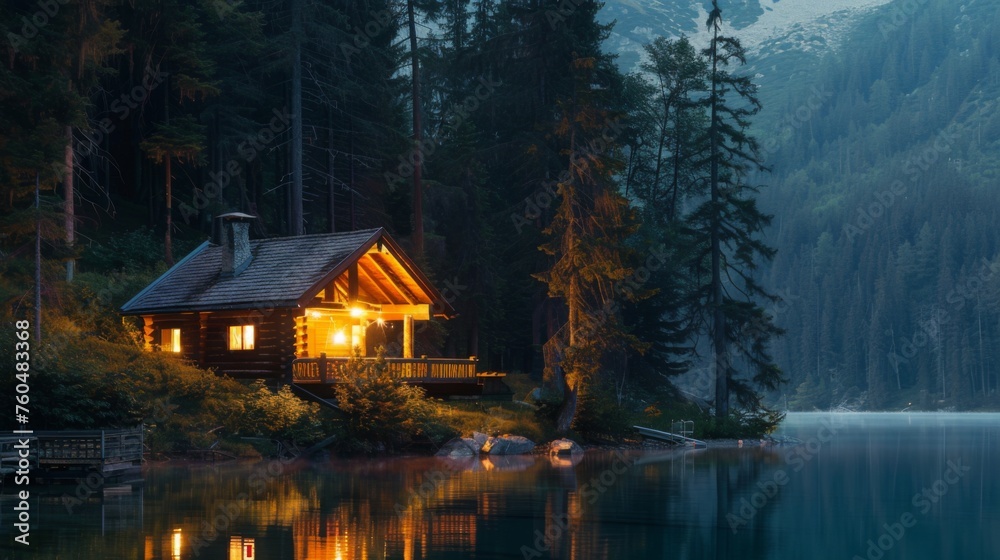 Log cabin surrounded by lush greenery near a quiet lake