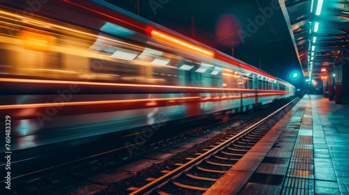 Train passing through the station at night, with bright lights shining brightly in the dark