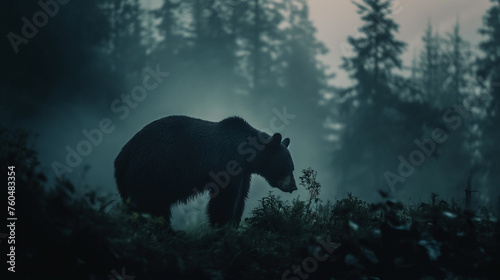 A silhouette of a bear by a puddle in a misty, forested landscape during twilight.

