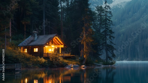 Log cabin surrounded by lush greenery near a quiet lake