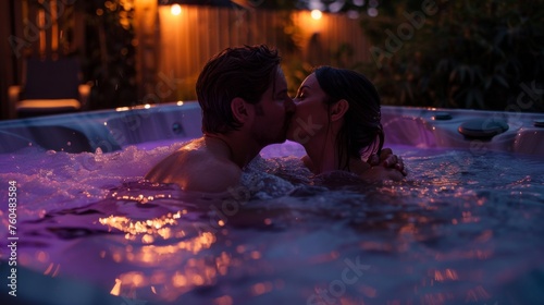 Couple hugging in hot tub, with LED lights underwater © AlfaSmart