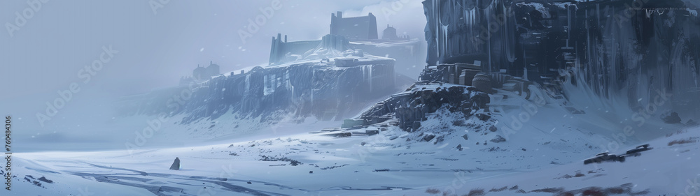 Icy Citadel: A Squat Castle Overlooking a Snowy Expanse