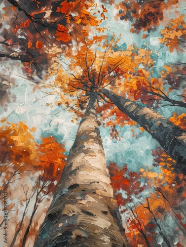 A painting depicting a tall tree with golden foliage in the midst of autumn