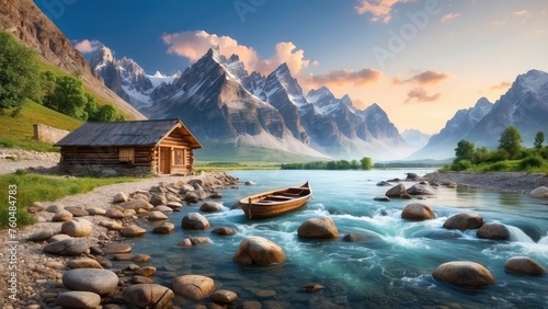 beautiful landscape with mountain and river illustration, hd wallpaper images