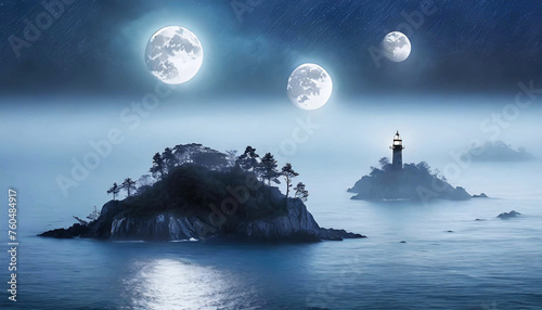moon over the ocean, three moons rising from a almost smooth ocean, the largest only risen halfway. a tree-covered small island with a lighthouse is silhouetted. the obsidian black sky