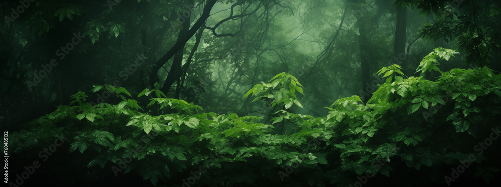 Ethereal Forest Canopy with Mist and Verdant Foliage