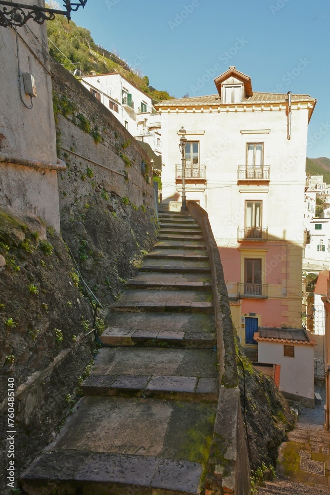A characteristic narrow street in the villages of the Amalfi coast in Italy.