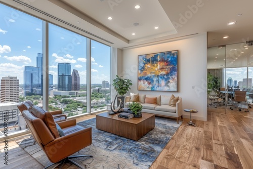 office room with beautiful skyline views professional photography