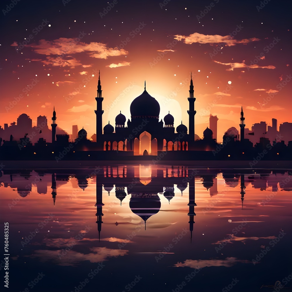 silhouette of mosque in sunset background, Ai Generated