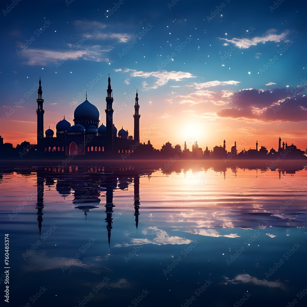 blue mosque at sunset landscape, Ai Generated