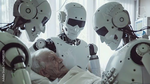In a modern hospital, a cybernetic robot examines a patient, ensuring the accuracy and reliability of diagnosis and treatment of the patient.