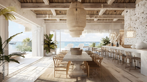 Coastal-inspired dining room with a white-washed dining table  rattan dining chairs  and a rope-wrapped chandelier evoking a beachy vibe