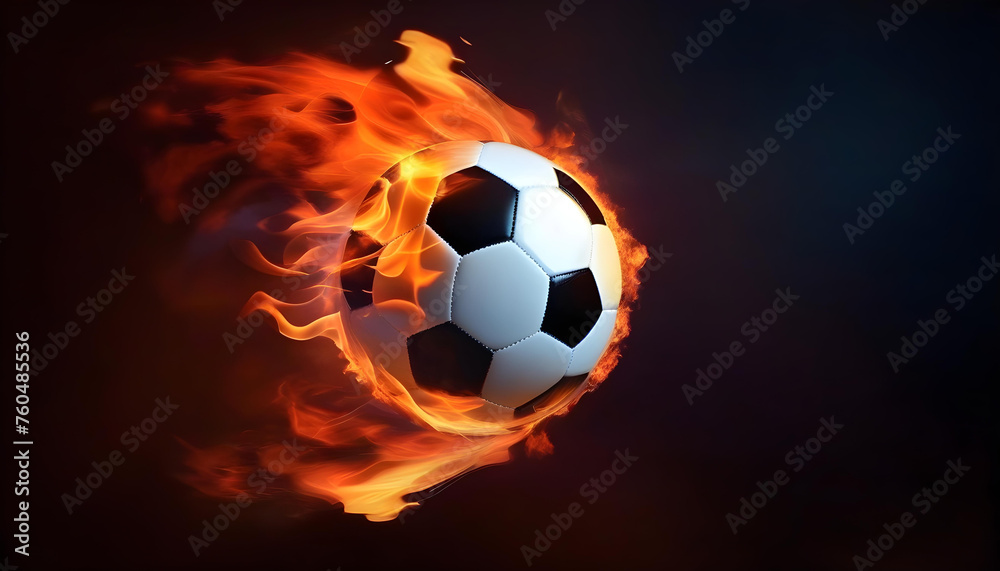 Fototapeta premium A soccer ball on fire with a dark abstract background