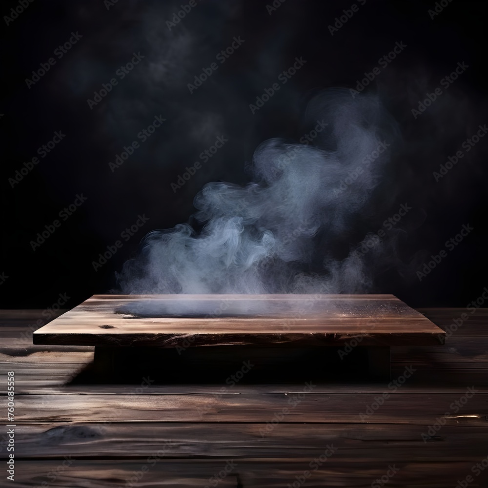 empty old circular wooden table with smoke, Ai Generated
