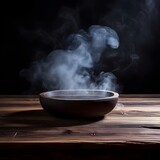 empty old circular wooden table with smoke on dark background, Ai Generated
