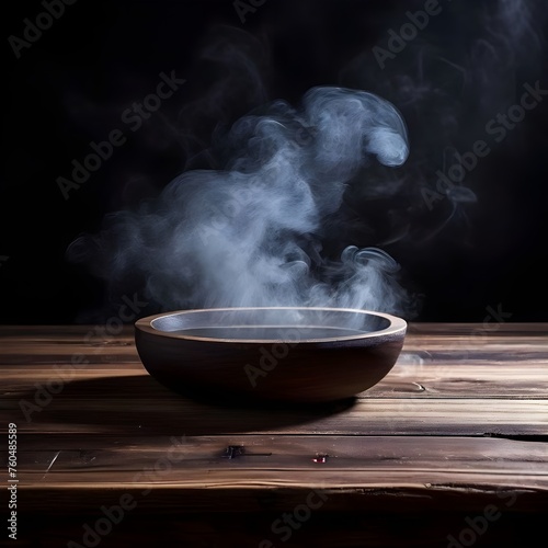 empty old circular wooden table with smoke on dark background, Ai Generated