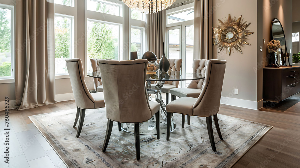Contemporary dining room featuring a round glass-top table with upholstered dining chairs and a statement chandelier overhead
