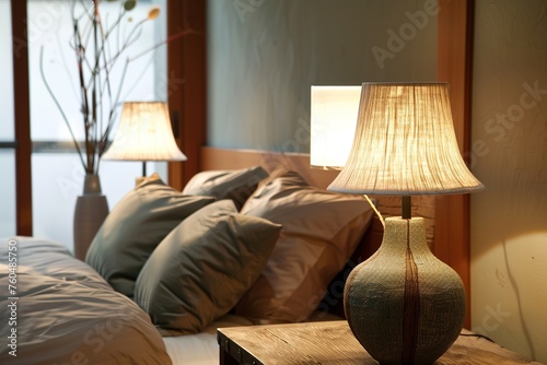 Cozy bedroom interior with warm lighting from table lamps and neatly arranged pillows.